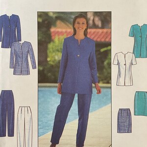 May include: Simplicity sewing pattern 8058 featuring a woman in a blue suit. The pattern includes options for a jacket, pants, and skirt. The pattern size is H 6,8,10, with EUR sizes 32-36.