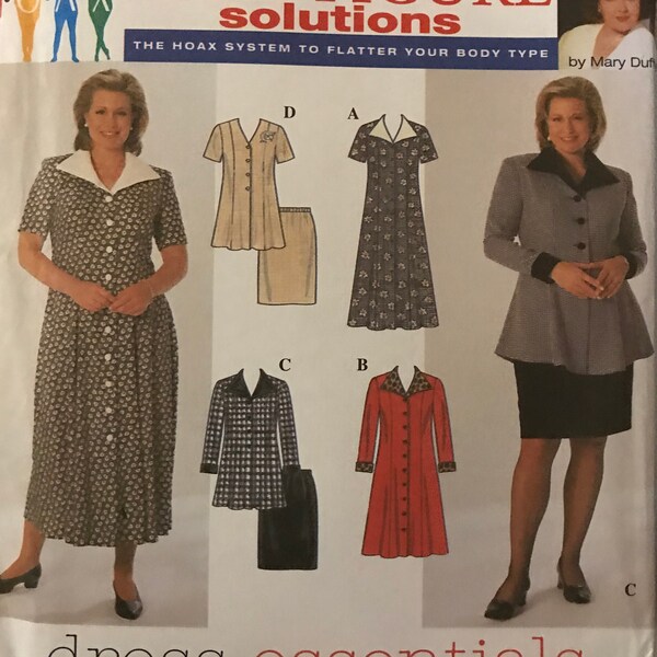 Simplicity 7858 Pattern UNCUT 1990s Full Figure Solutions Mary Duffy HOAX Button Front Top Dress Flat POinted Collar Skirt Size 18 20 22 24