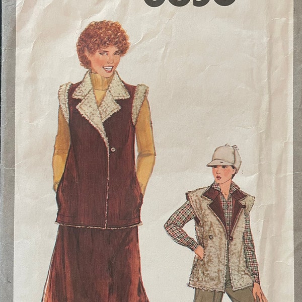 Simplicity 8656 Pattern UNCUT 1970s Reversible  Extended Shoulder Vest Shearling Option & Midi Length Flared Skirt Size 16 Bust 38