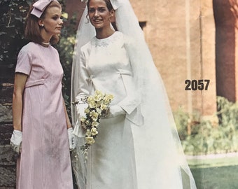 Vogue 2057 Pattern CUT Complete 1970s Bridal Design Weddign Gown Bridesmaid Dress Maxi Knee Length Raised Waist Size 10 Bust 32.5 MN