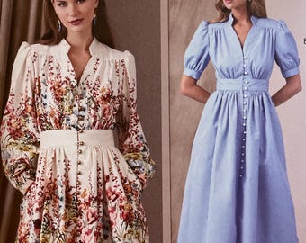 Vogue V1934 1934 Pattern UNCUT Empire Waisted Shaped Midriff Mini Midi Side Seam Pockets Button Loop Front Collar Cap Size 8-16 18-26 CA VA