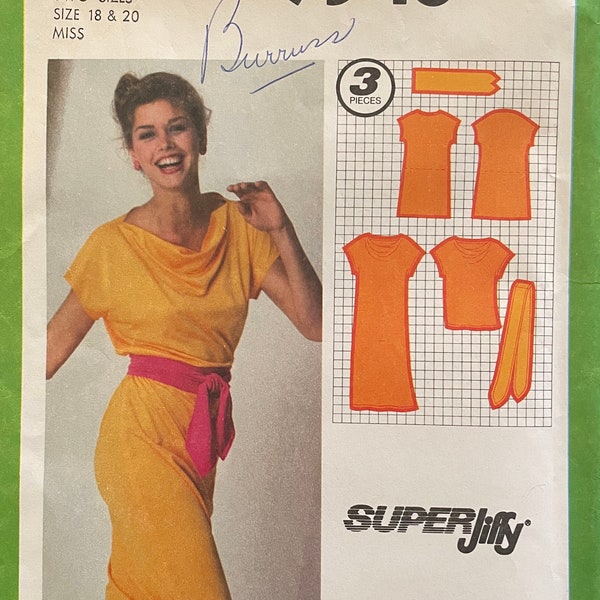 Simplicity 9348 Pattern UNCUT 1970s Vintage Super Jiffy Stretch Knit Pullover Dress Top Draped Cowl Collar Short Sleeves Belt Size 18 20 VA