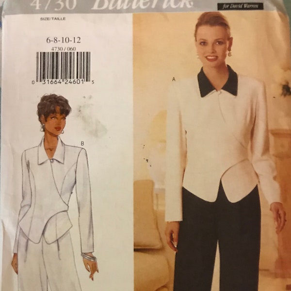 Butterick 4730 Pattern UNCUT 1990s Novelty Asymmetric Jacket with Contrast Pointed Collar Back Belt and Pleated Pants Size 6 8 10 12