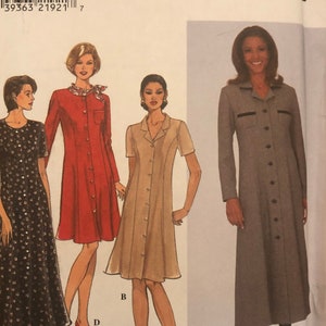 May include: Simplicity sewing pattern number 8240 for sizes K 8, 10, 12. The pattern includes instructions for making three different dresses: a long brown dress, a shorter brown dress, and a red dress. The pattern is for European sizes 34-38 and French sizes 36-40.