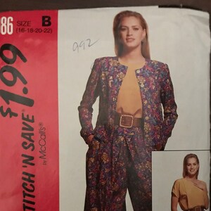 May include: A sewing pattern for a jacket and pants set. The pattern is for sizes 16-22. The pattern is called "Easy Stitch 'n Save" by McCall's. The pattern is on a red background with white text. The pattern shows a woman wearing a floral jacket and pants set.