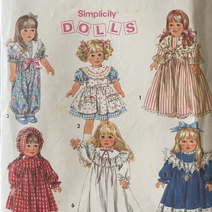 May include: Simplicity pattern 8211 for making dolls. The pattern includes instructions for making six different dolls, including a doll in a white nightgown, a doll in a blue dress, and a doll in a red and white gingham dress.