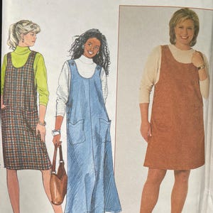 Simplicity 7859 Pattern UNCUT 1990s Vintage Jumper Dress Knee Maxi Length Scoop neck Patch Pockets Stretch Knit High Collar Top Size 18-24