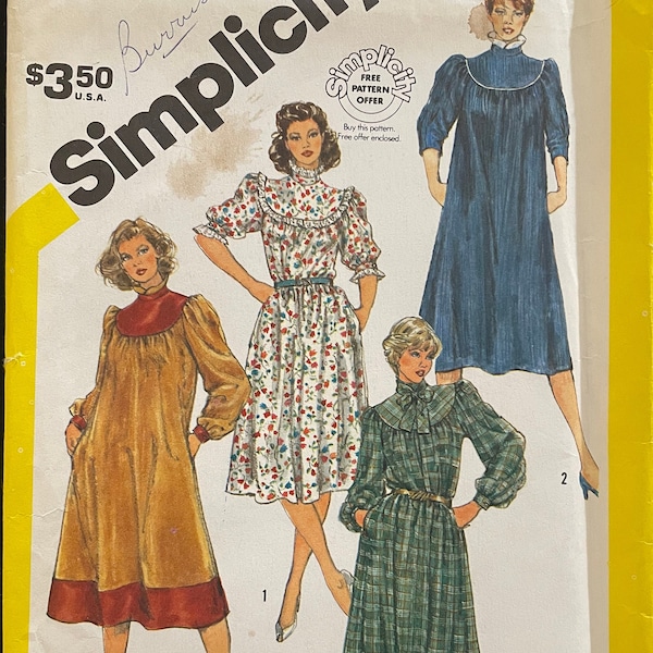 Simplicity 6028 Pattern UNCUT Vintage 1980s Loose Fitting Pullover Dress Standing Contrast Collar Ruffles Round Yoke Knee Size 16 18 20 VA