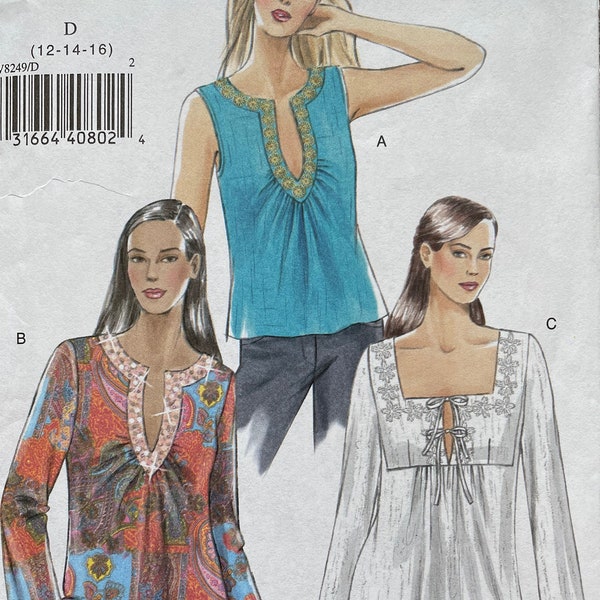 Vogue V8249 8249 Pattern UNCUT 2000s Pullover Tunic Top Kurti Style Plunging Band Slash Front Below Hip Size 18 20 22 or 12 14 16 CA VA