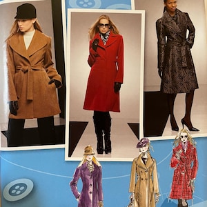 May include: A sewing pattern for a coat with four different styles. The pattern is from Simplicity and is inspired by Project Runway. The pattern includes sizes D5 4, 6, 8, 10, and 12. The pattern is for sizes EUR. 30-38 and FR. 32-40.