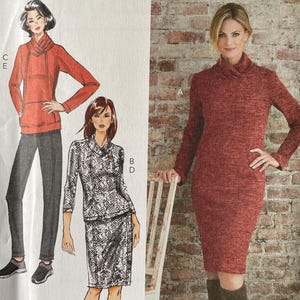 May include: A Butterick sewing pattern envelope, B6858, featuring illustrations of women's clothing designs. The designs include a red sweater, a suit, and a dress. The envelope has the Butterick logo and size information.