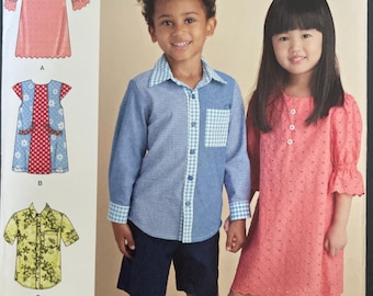 Simplicity S8852 8852 Pattern UNCUT Boy's Girl's Wardrobe Button Front Shirt Dress Short Long Sleeves Collar Contrast Pocket Size 3-8