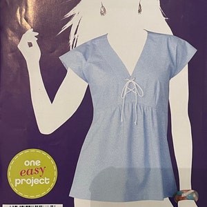 Simplicity 1978 Pattern UNCUT One Easy Project Sew Simple Loose Fit Pullover Top Raised Waist Lace Up Front Cap Sleeve Size Xs S M L XL
