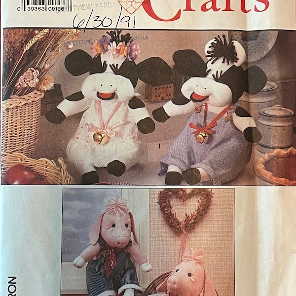 Simplicity 9228 Pattern UNCUT 1980s Vintage Crafts Stuffed Toy Farm Cow and Pig Family with Clothes Overalls Dress Ribbon Trim 13" Tall