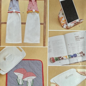 May include: Simplicity sewing pattern S9878 featuring various kitchen accessories. Includes patterns for a hand towel with a gingham top, a tablet stand, a pot holder with mushroom embroidery, and a hot pad.