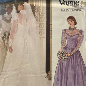 May include: Vogue Pattern bridal original sewing pattern. The pattern features a wedding dress with a high neckline, long sleeves, and a full skirt. A second dress is shown in a lavender color with a high neck, long sleeves, and a full skirt. The pattern number is 1248.