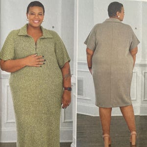 May include: A Simplicity sewing pattern featuring a woman modeling a green collared dress with short sleeves. The pattern includes sizes 30W-38W. The brand logo and text "A DIY & LIFESTYLE BRAND" are visible.