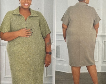 Simplicity S9741 9741 R11777 Pattern UNCUT Mimi G Style Collared Knit Dress Knee Maxi Dropped Shoulders Short Sleeve Size 20-28 30-38 VA