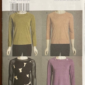 May include: A sewing pattern for a long-sleeved shirt with a crew neck. The pattern includes four different styles: a solid green shirt, a solid pink shirt, a black shirt with white polka dots, and a purple shirt with a button detail at the neckline. The pattern is for sizes 16-18-20-22-24. The pattern is from Vogue Patterns Designer Original and is called March Tolton.