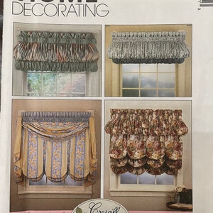 May include: McCall's Home Decorating pattern 7485 for window treatments. The pattern includes instructions for making four different styles of valances, including a gathered valance, a swag valance, and a scalloped valance. The pattern is designed by Croscill Home Fashions.