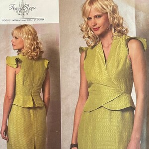 May include: A sewing pattern for a green sleeveless dress with a V-neckline and a peplum waist. The pattern is from Vogue Patterns and is designed by Tracy Reese. The pattern number is V1157 and the size is BB (8-10-12-14).