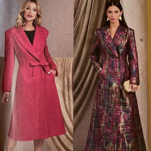 May include: Vogue Patterns sewing pattern V1990 featuring two coat designs. One coat is a bright red, knee-length style with a tie belt. The other is a long, multi-colored metallic coat. The pattern size is B5 (8-10-12-14-16).