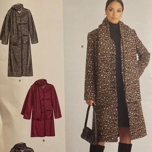 May include: Simplicity sewing pattern S9685. The pattern features illustrations of three different coat designs. The main image shows a woman wearing a leopard print coat. The pattern size is Euro 38-46.