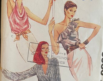 McCalls 6986 Pattern UNCUT 1980s Vintage Halter Top Cowl Neckline Asymmetrical Single Shoulder Ruffle Long Sleeve Plunging Neck Size 8