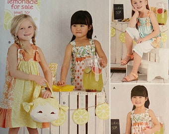 Simplicity 8145 Pattern Little Girl's Sundress or Top Knotted Straps Pull on Capris and Doll Face Purse with Pigtails Size 3 4 5 6 7 8 UNCUT