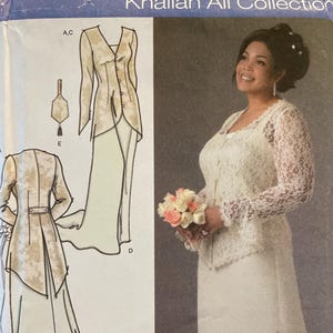 May include: Simplicity sewing pattern for a wedding dress and jacket. The design includes a long skirt and a jacket with lace sleeves. The image also shows a woman wearing the dress, holding a bouquet of flowers.