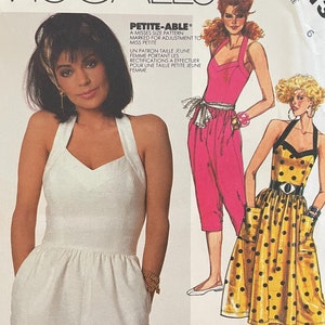 May include: A sewing pattern for a women's jumpsuit with a halter top and shorts. The pattern is from McCall's and is called Petite-Able. The pattern is for a misses size and is marked for adjustment to miss petite. The pattern is for a young woman and includes instructions for making adjustments for a petite size. The pattern is illustrated with three women wearing the jumpsuit in different colors and styles.