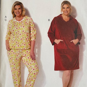 May include: Kwik Sew pattern K4200 for women's loungewear. The pattern features a hooded top and pants set with a floral print, and a hooded dress. The pattern includes sizes 1X-2X-3X-4X.