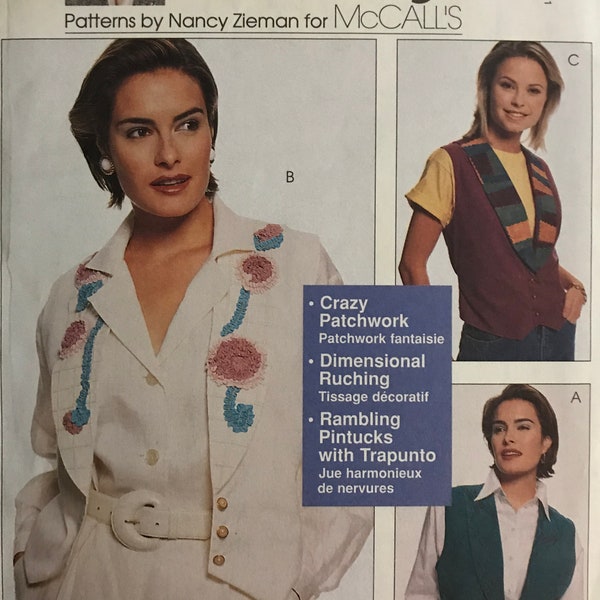 McCalls 8699 Pattern UNCUT 1990s Nancy Zieman Weskit Vest Shawl Collar Crazy Patchwork Dimensional Ruching Pintucks Trapunto Size S M L Xl