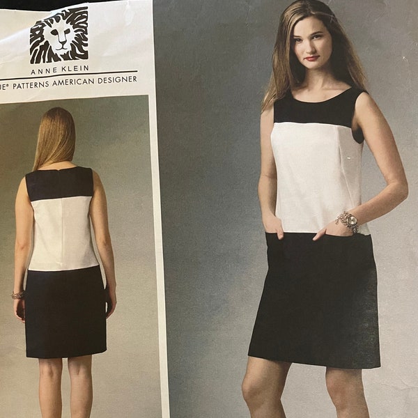 Vogue V1382 1382 Pattern UNCUT Designer Anne Klein Color Blocked Lined Sheath Dress Above Knee Length On Seam Pockets Size 16 18 20 22 24