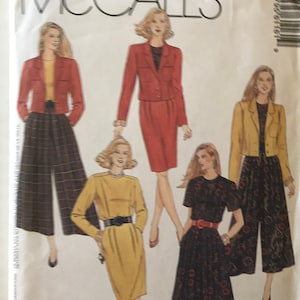May include: McCall's sewing pattern number 6116, size B (8, 10, 12), for a non-stop wardrobe. The pattern includes four different styles of clothing, including a red jacket and skirt set, a yellow jacket with a black and white patterned skirt, a yellow dress, and a black and white patterned jumpsuit.