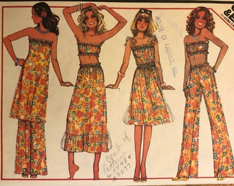 McCalls 5077 Pattern UNCUT 1970s Vintage Quick Easy Strapless Bandeau Top Tunic Knee Length Dress Pull On Pants Size Small Bust 32.5 34"