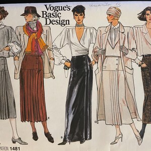 May include: Vogue's Basic Design sewing pattern number 1481 featuring four different skirt styles. The skirts are pleated and have a variety of lengths. The pattern includes instructions for making the skirts.