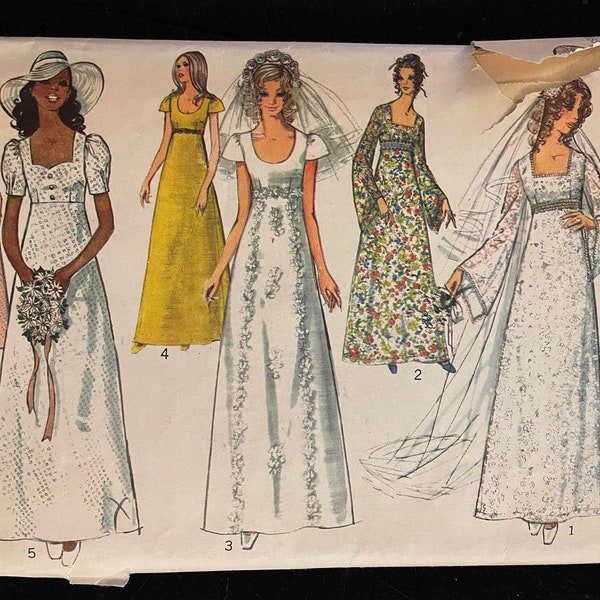 Simplicity 9936 Pattern CUT Complete 1970s Vintage Empire Waisted Sweetheart Scoop Neck Bridal Gown Bridesmaids Dress Size 12 Bust 34"