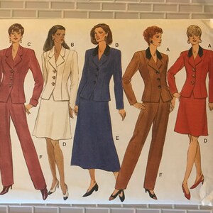 May include: A sewing pattern for a women's suit with four different styles. The pattern includes a jacket, skirt, and trousers. The pattern is from Butterick and is for sizes 6-8-10. The pattern is from 1994.