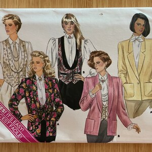 May include: A sewing pattern for a blazer with different design options. The pattern is from Butterick Classics and is for sizes 6-8-10. The pattern includes instructions for making a blazer with a waistcoat, a blazer with a floral print, and a blazer with a solid colour.