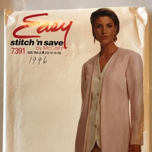 McCalls 7391 Pattern Easy Three Piece Suit Collarless Longline Jacket Vest or Sleeveless Top and Pull On Skirt Size 10 12 14 16 UNCUT IL