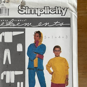 May include: Simplicity sewing pattern for children's clothing. The pattern includes instructions for a jacket, pants, skirt, and shirt. The pattern is labeled "Super Simple" and includes instructions for using an overlock or serger machine.