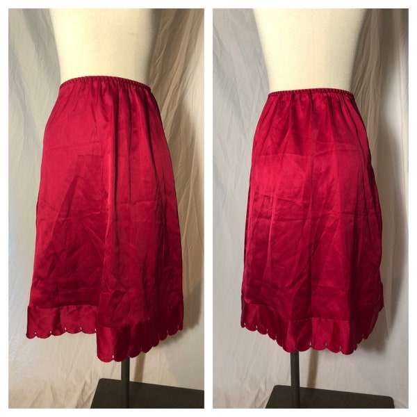 Vintage 1970s or 80s Interludes by Cira Raspberry Red Satin Polyester Half Slip with Eyelet Embroidery Hemline Detail - Size Small