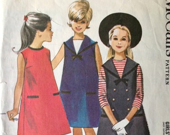 McCalls 6935 Pattern CUT Complete - 1960s Girl's Sailor Style Dress or Jumper Sleeveless A-Line Knee Length Button Trim - Size 7 OR 12