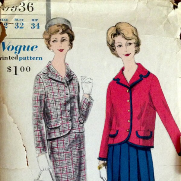 Vogue 9936 Pattern CUT Complete - 1960 Notched Collar Cardigan Style Jacket with Box Pleated or Straight Slim Skirt - Size 12