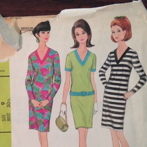 McCalls 8596 Pattern UNCUT Vintage 1960s Sheath Dress Straight Contrast Fabric Banded V Neck Above Knee Length Long Short Size 9 Bust 30.5