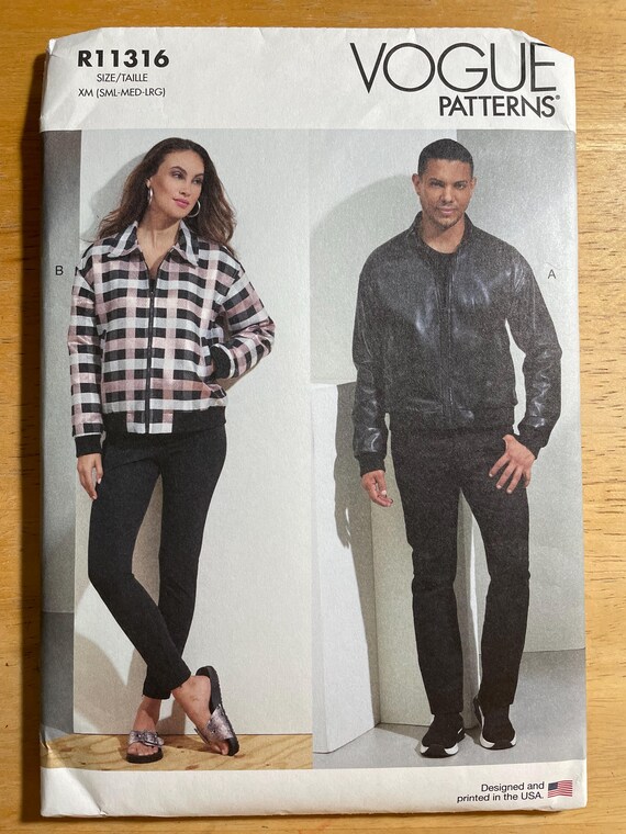Vogue 11316 1877 Pattern UNCUT Unisex Mens or Womens Bomber Jacket Dropped Shoulders Rib Knit Trim Below Waist Size S M L or XL-XXL