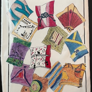 May include: A collection of nine colorful pillows with various patterns and designs. The pillows are arranged in a circle on a white background. The text "in the Studio - five" and "with Lois Ericson" is printed at the top of the image. The text "Pillows" is printed at the bottom of the image.