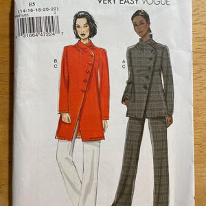 Vogue V9274 9274 Pattern UNCUT Easy Asymmetrical Button Front Jacket Draped Collar Hip Mid Thigh Pants Size 6 8 10 12 14 or 14 16 18 20 22