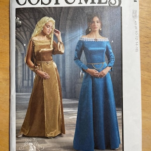 May include: McCall's Costumes pattern featuring two medieval-style gowns. One gown is gold, the other is blue. The pattern includes sizes K5 (8-10-12-14-16). Designed and printed in the USA.